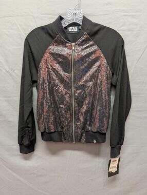 Star Wars Jacket Womens Small Black Sequin Bomber Zip Rebel Alliance Disney